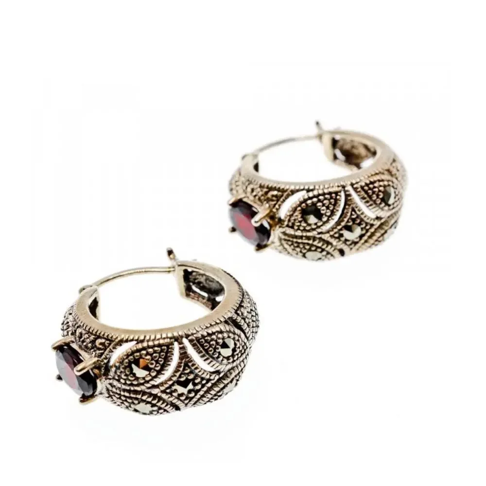 Vintage 925 Sterling Silver Almandine & Marcasites Earrings